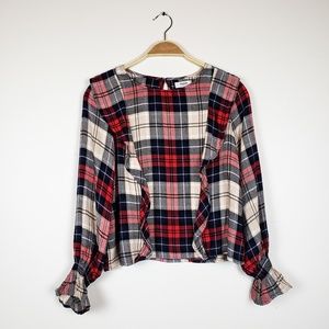 Kensie Soft Red & Navy Plaid Flannel Ruffle Top